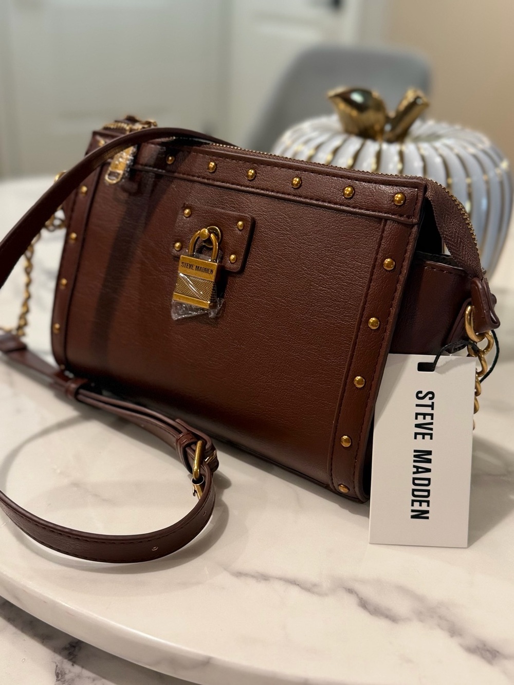 Steve Madden Brown Studded Leather Crossbody Bag with Gold Hardware